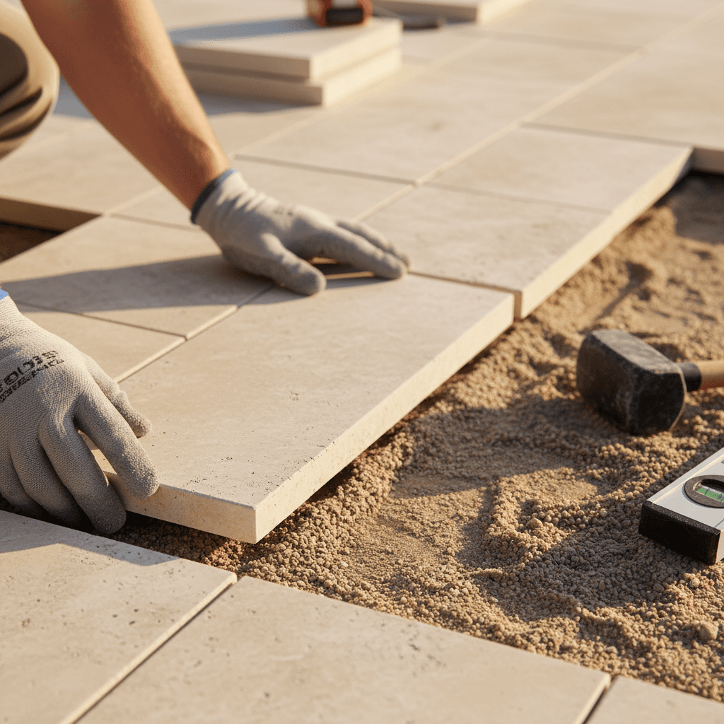 Hand setting a travertine paver at a job site